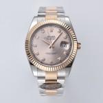 Datejust series men's and women's watch with diamond accents, pink dial, gold bezel, 41mm, two-tone Oyster bracelet.